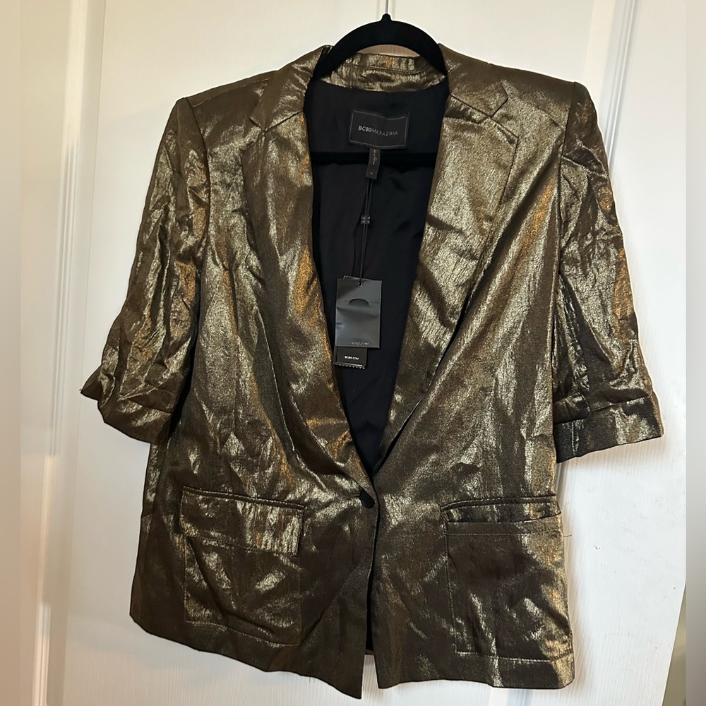 NWT BCBGMaxAzria Shimmer Gold Metallic 3/4 Sleeve Blazer. Size M - Picture 1 of 4